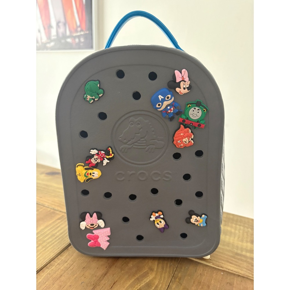 Crocs Kids Grey Blue Croslite Backpack Jibbitz Charms Captain America Marvel Bag